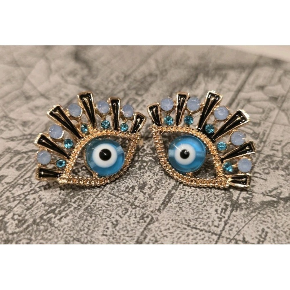 Pair Evil Eye motif Blue crystal Stone stud earrings Gold Tone Frame Bohemian #D